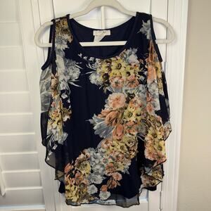 Rue Juju Floral Chiffon Cold Shoulder Flowy Floral Black Top Size Petite Small